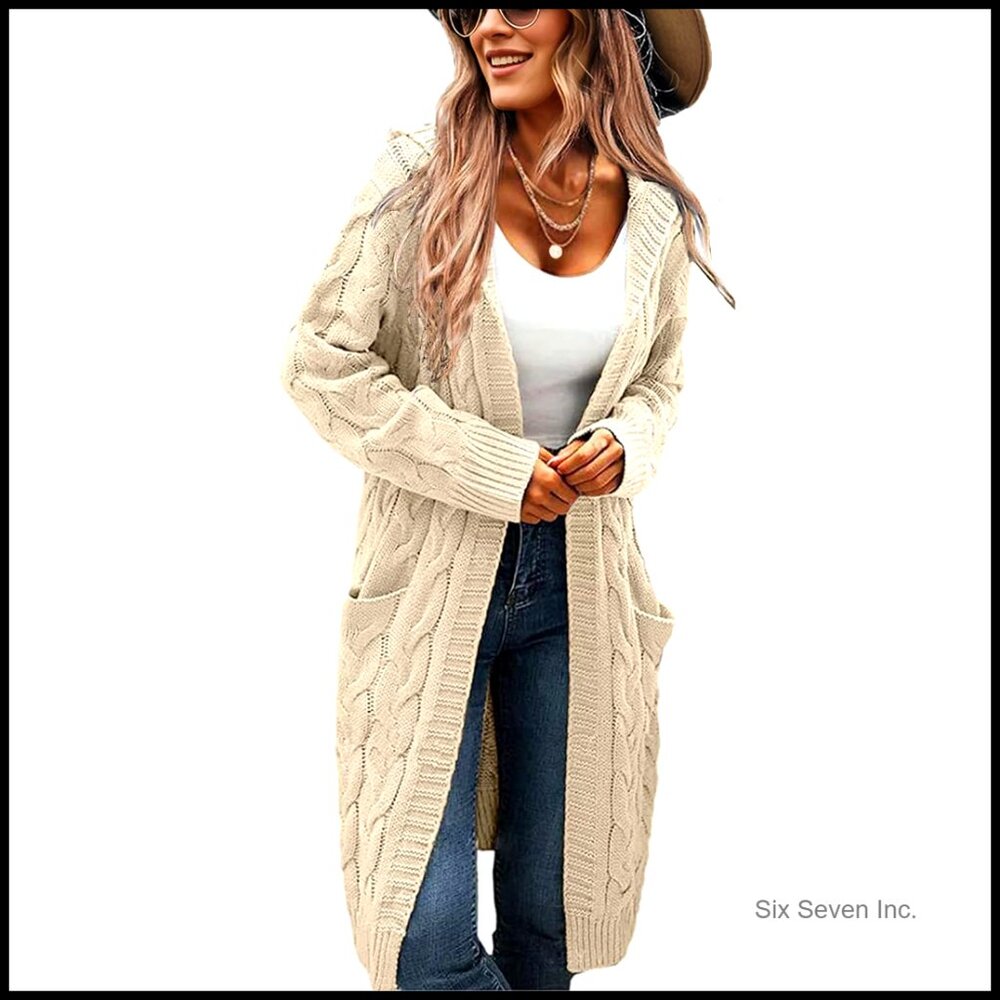 Oversized Hooded Cardigan Cable Knit Sweater Coat Side Pockets Chunky Knit
